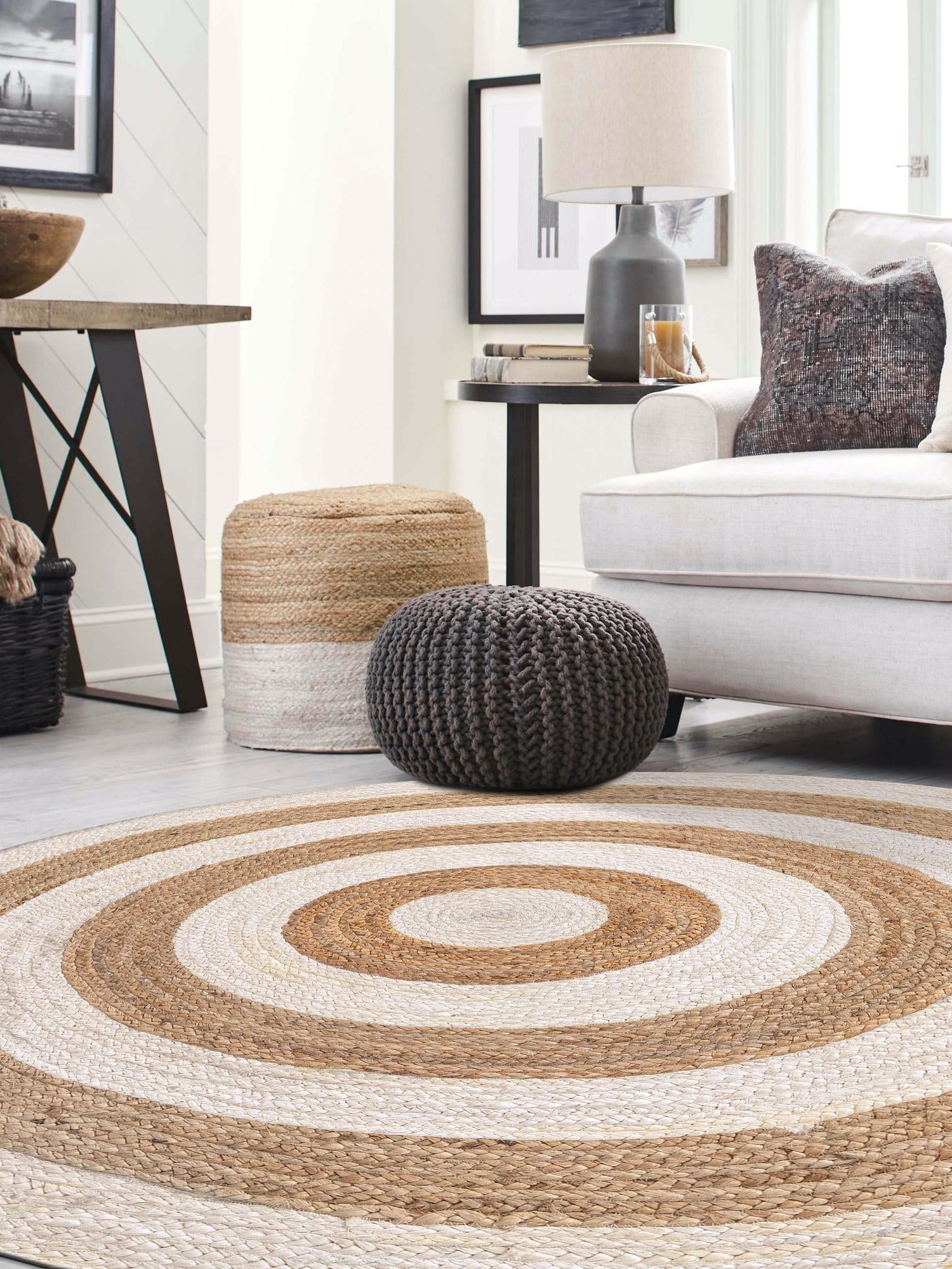 White Natural 4' 1 x 4' 1 Braided Jute Round Area Rug 100% Jute Hand Braided Natural Eco-Friendly Boho Style Carpet for Living Rooms Dining Office Space Dorms for Sale at Rug Engine