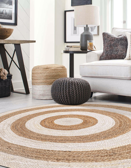 White Natural 3' 3 x 3' 3 Braided Jute Round Area Rug 100% Jute Hand Braided Natural Eco-Friendly Boho Style Carpet for Living Rooms Dining Office Space Dorms for Sale at Rug Engine