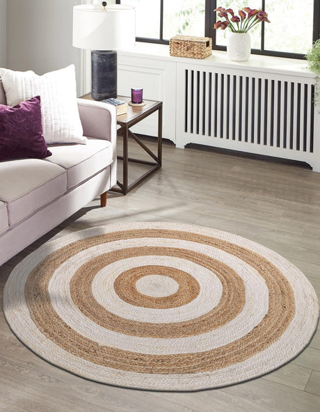 White Natural 5' 1 x 5' 1 Braided Jute Round Area Rug 100% Jute Hand Braided Natural Eco-Friendly Boho Style Carpet for Living Rooms Dining Office Space Dorms for Sale at Rug Engine