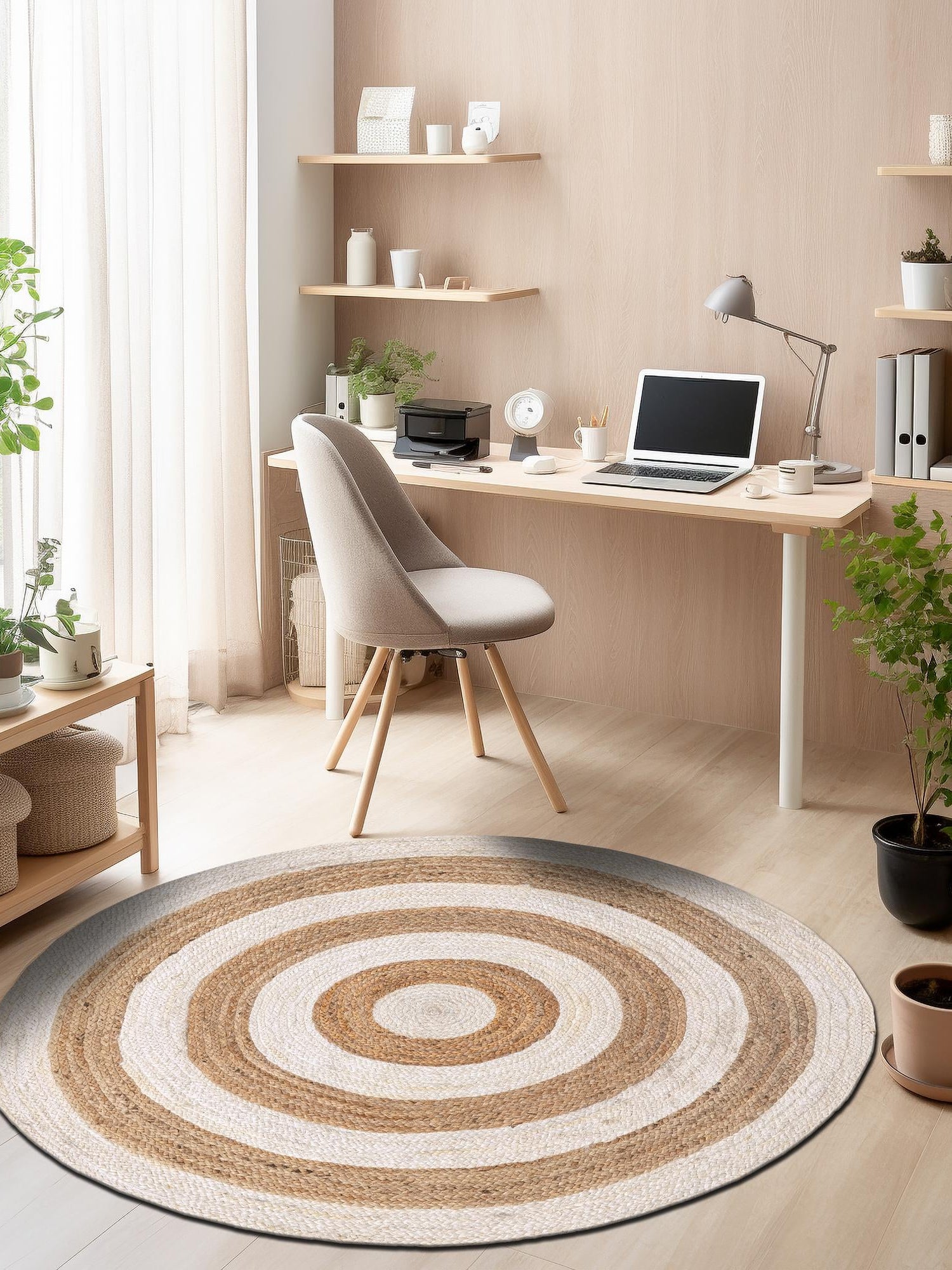 White Natural 7' 1 x 7' 1 Braided Jute Round Area Rug 100% Jute Hand Braided Natural Eco-Friendly Boho Style Carpet for Living Rooms Dining Office Space Dorms for Sale at Rug Engine