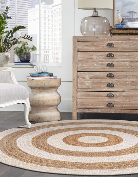 White Natural 8' x 8' Braided Jute Round Area Rug 100% Jute Hand Braided Natural Eco-Friendly Boho Style Carpet for Living Rooms Dining Office Space Dorms for Sale at Rug Engine