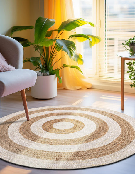 White Natural 10' x 10' Braided Jute Round Area Rug 100% Jute Hand Braided Natural Eco-Friendly Boho Style Carpet for Living Rooms Dining Office Space Dorms for Sale at Rug Engine