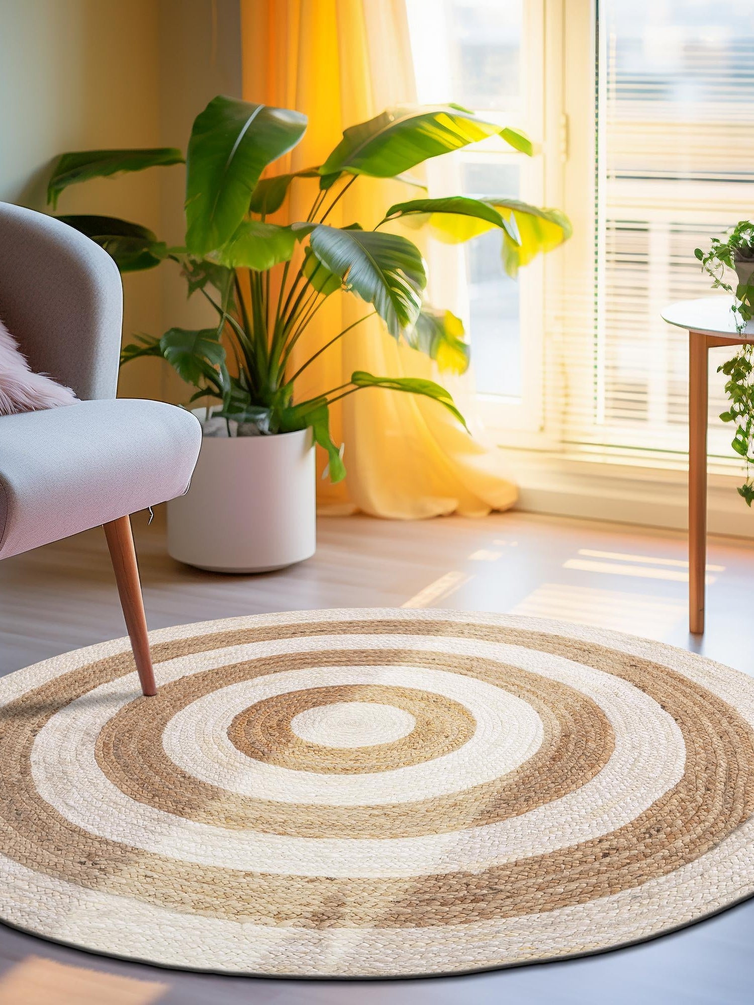 White Natural 8' x 8' Braided Jute Round Area Rug 100% Jute Hand Braided Natural Eco-Friendly Boho Style Carpet for Living Rooms Dining Office Space Dorms for Sale at Rug Engine