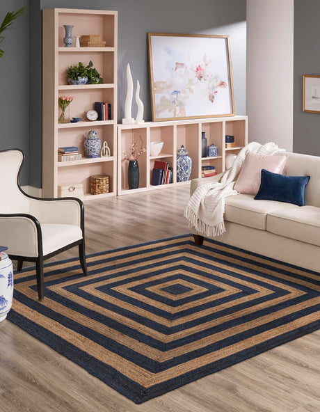 Navy Blue Natural 10' x 10' Braided Jute Square Rug