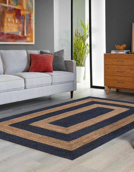 Navy Blue Natural 3' 3 x 5' 1 Braided Jute Rectangle Area Rug 100% Jute Hand Braided Natural Eco-Friendly Boho Style Carpet for Living Rooms Dining Office Space Dorms for Sale at Rug Engine