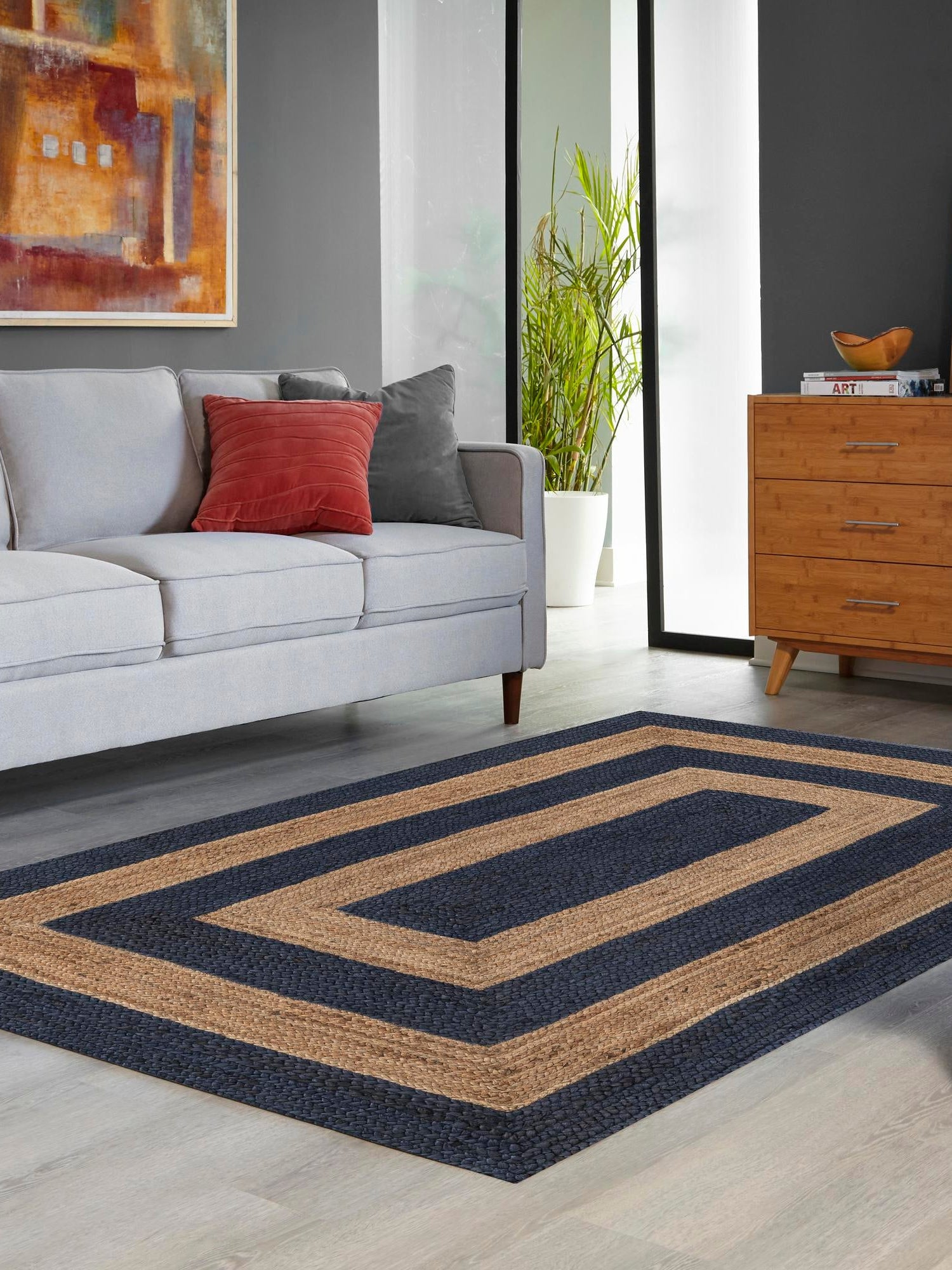 Navy Blue Natural 4' 1 x 6' 1 Braided Jute Rectangle Area Rug 100% Jute Hand Braided Natural Eco-Friendly Boho Style Carpet for Living Rooms Dining Office Space Dorms for Sale at Rug Engine
