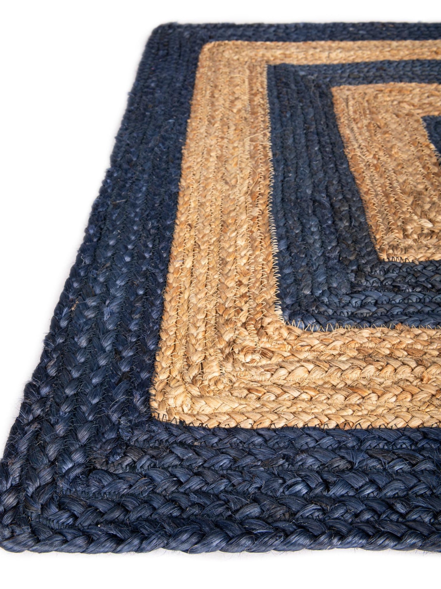 Navy Blue Natural 4' 1 x 6' 1 Braided Jute Rectangle Area Rug 100% Jute Hand Braided Natural Eco-Friendly Boho Style Carpet for Living Rooms Dining Office Space Dorms for Sale at Rug Engine