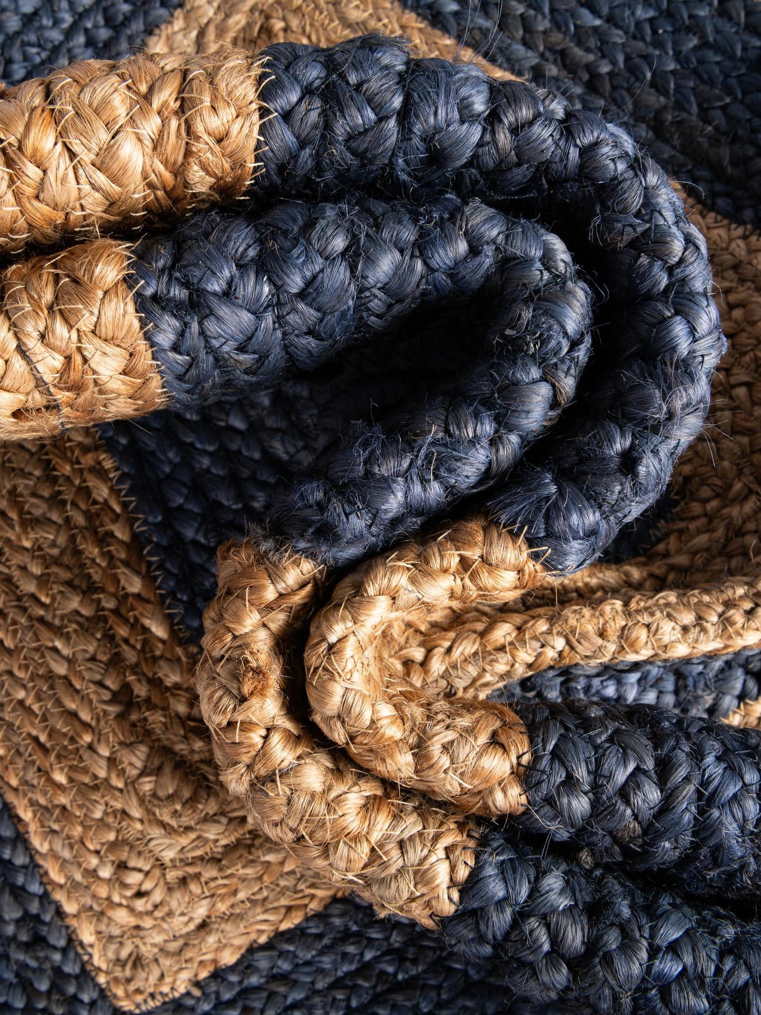 Navy Blue Natural 4' 1 x 6' 1 Braided Jute Rectangle Area Rug 100% Jute Hand Braided Natural Eco-Friendly Boho Style Carpet for Living Rooms Dining Office Space Dorms for Sale at Rug Engine