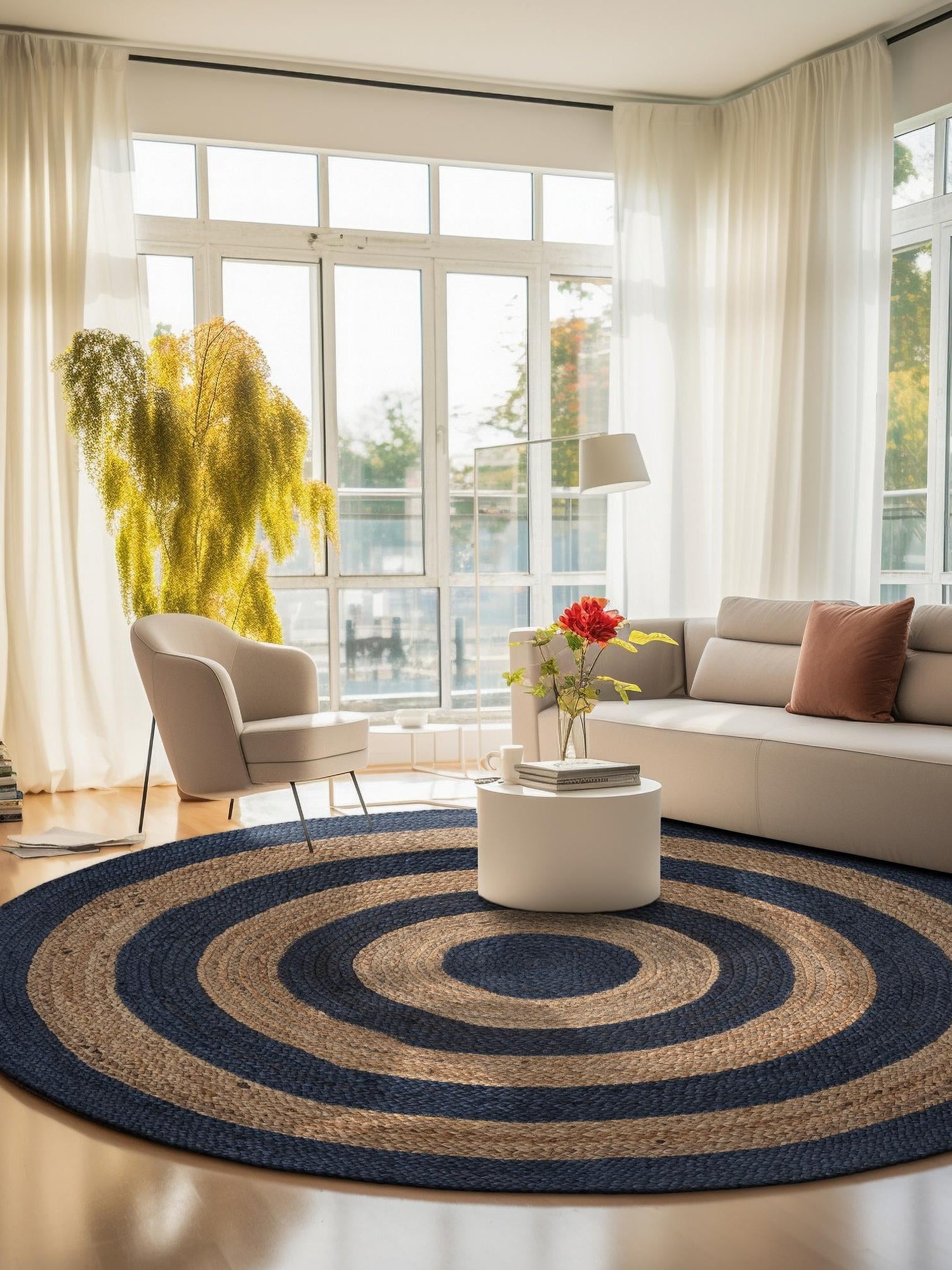 Navy Blue Natural 4' 1 x 4' 1 Braided Jute Round Area Rug 100% Jute Hand Braided Natural Eco-Friendly Boho Style Carpet for Living Rooms Dining Office Space Dorms for Sale at Rug Engine