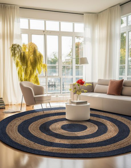 Navy Blue Natural 5' 1 x 5' 1 Braided Jute Round Area Rug 100% Jute Hand Braided Natural Eco-Friendly Boho Style Carpet for Living Rooms Dining Office Space Dorms for Sale at Rug Engine