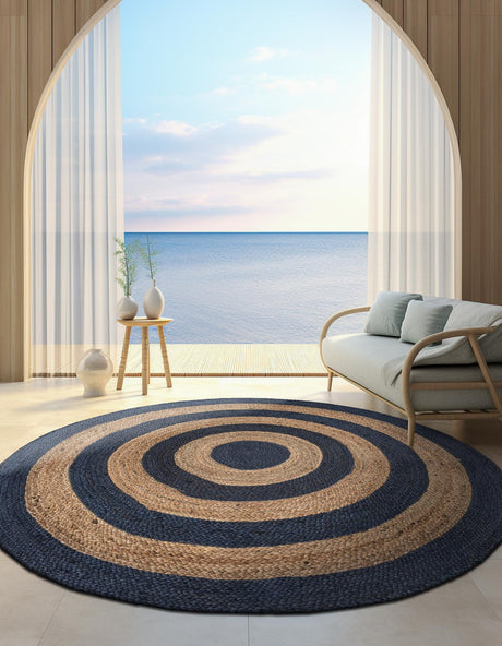 Navy Blue Natural 4' 1 x 4' 1 Braided Jute Round Area Rug 100% Jute Hand Braided Natural Eco-Friendly Boho Style Carpet for Living Rooms Dining Office Space Dorms for Sale at Rug Engine