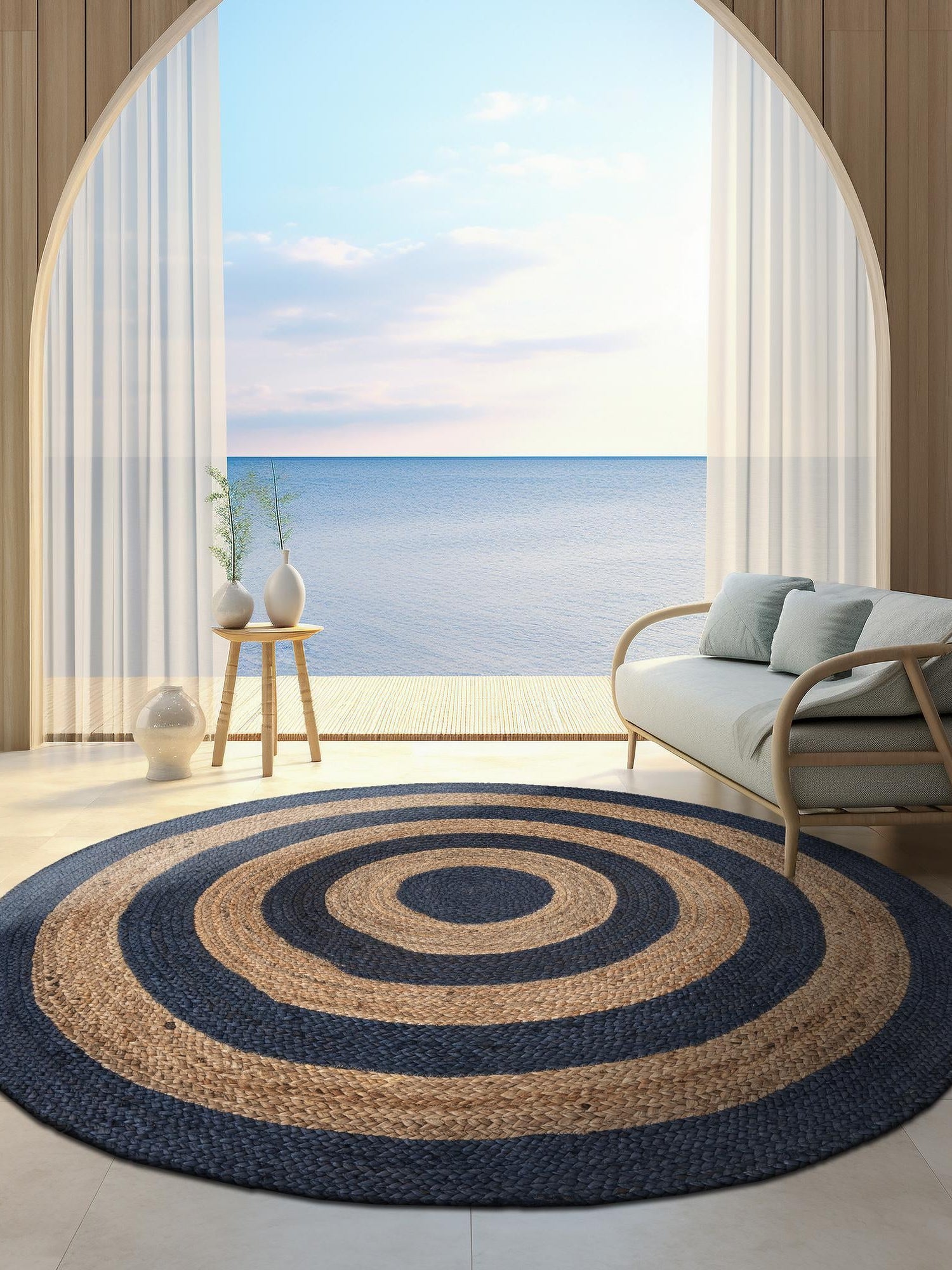 Navy Blue Natural 5' 1 x 5' 1 Braided Jute Round Area Rug 100% Jute Hand Braided Natural Eco-Friendly Boho Style Carpet for Living Rooms Dining Office Space Dorms for Sale at Rug Engine