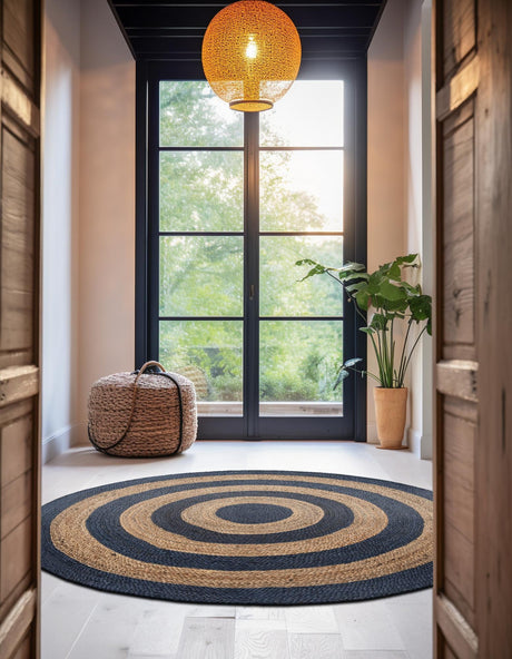 Navy Blue Natural 4' 1 x 4' 1 Braided Jute Round Area Rug 100% Jute Hand Braided Natural Eco-Friendly Boho Style Carpet for Living Rooms Dining Office Space Dorms for Sale at Rug Engine