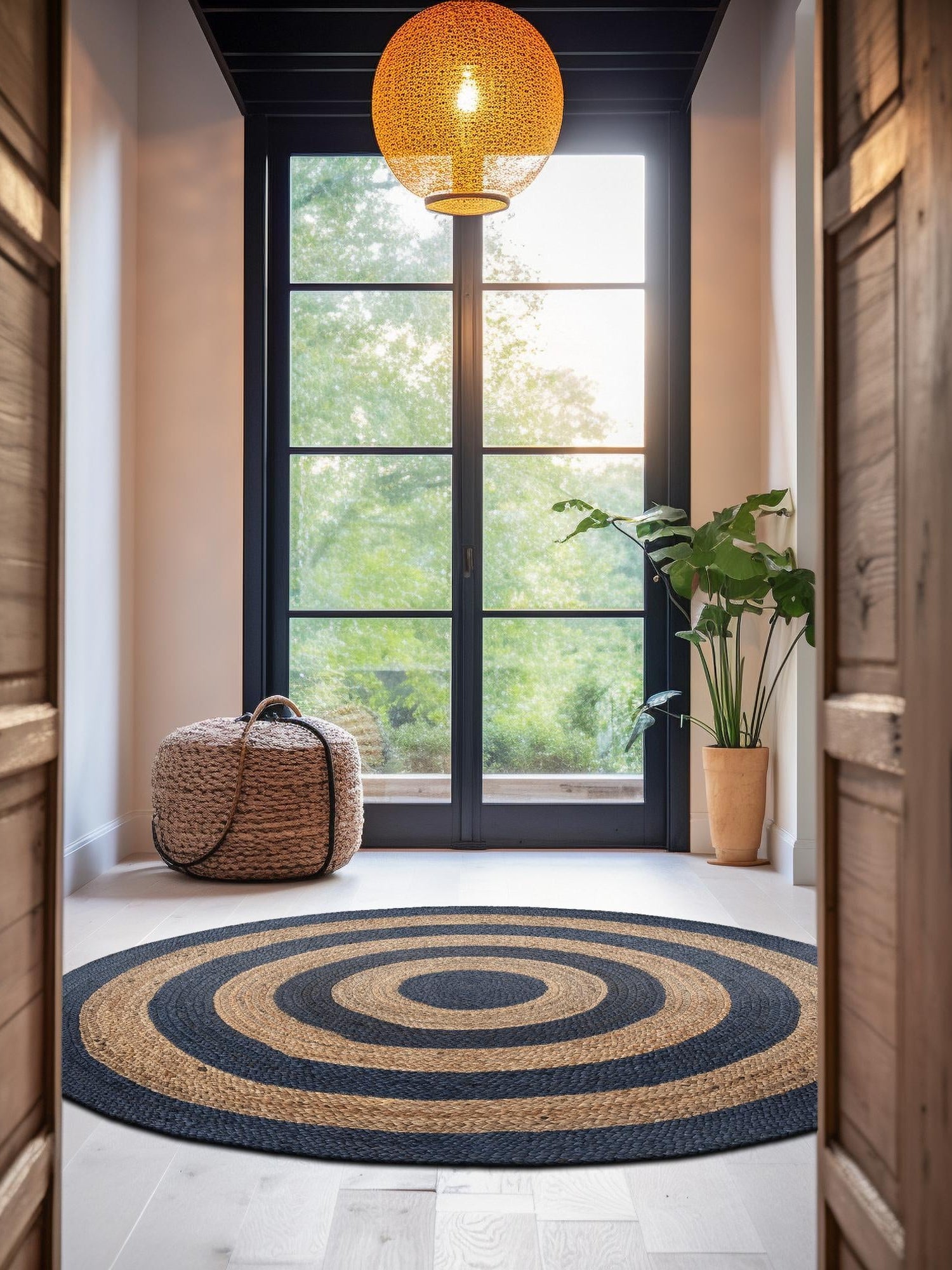 Navy Blue Natural 8' x 8' Braided Jute Round Area Rug 100% Jute Hand Braided Natural Eco-Friendly Boho Style Carpet for Living Rooms Dining Office Space Dorms for Sale at Rug Engine