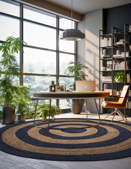 Navy Blue Natural 10' x 10' Braided Jute Round Area Rug 100% Jute Hand Braided Natural Eco-Friendly Boho Style Carpet for Living Rooms Dining Office Space Dorms for Sale at Rug Engine