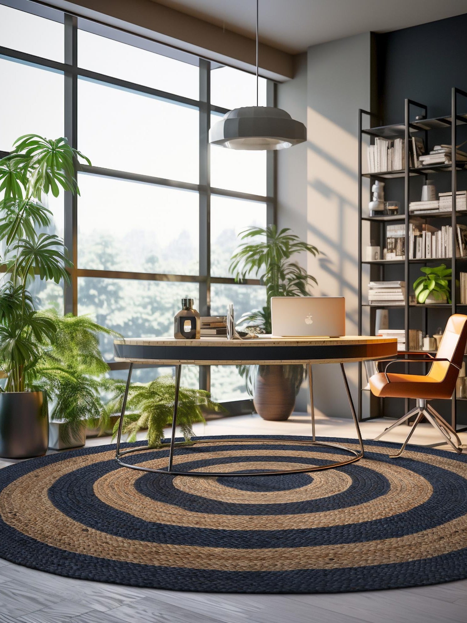 Navy Blue Natural 8' x 8' Braided Jute Round Area Rug 100% Jute Hand Braided Natural Eco-Friendly Boho Style Carpet for Living Rooms Dining Office Space Dorms for Sale at Rug Engine