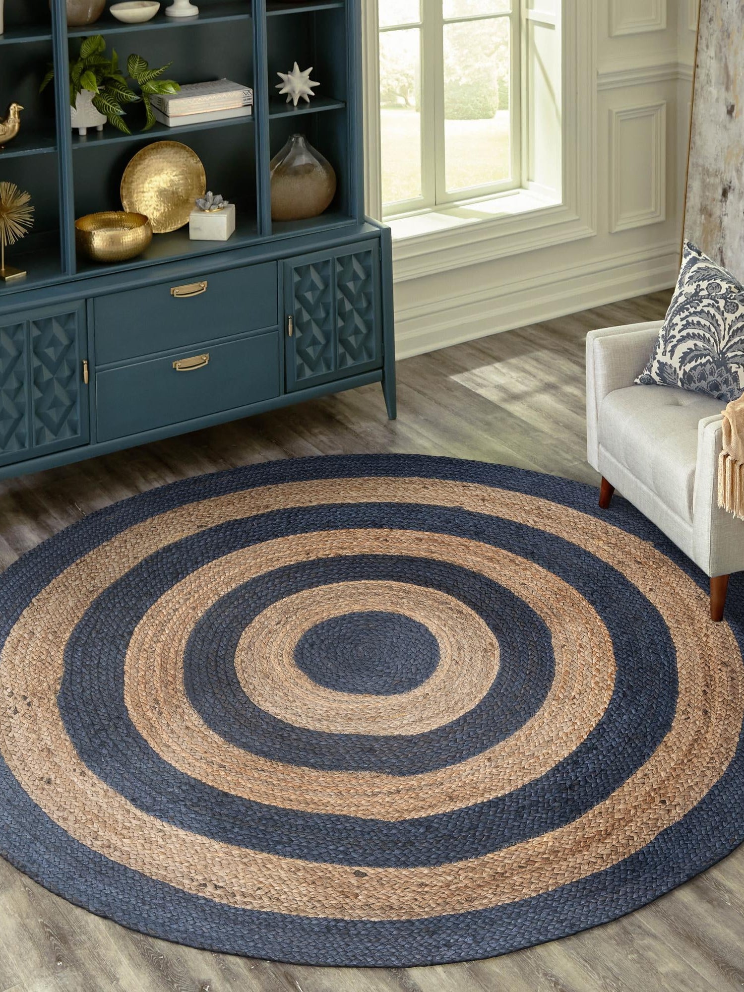 Navy Blue Natural 8' x 8' Braided Jute Round Area Rug 100% Jute Hand Braided Natural Eco-Friendly Boho Style Carpet for Living Rooms Dining Office Space Dorms for Sale at Rug Engine