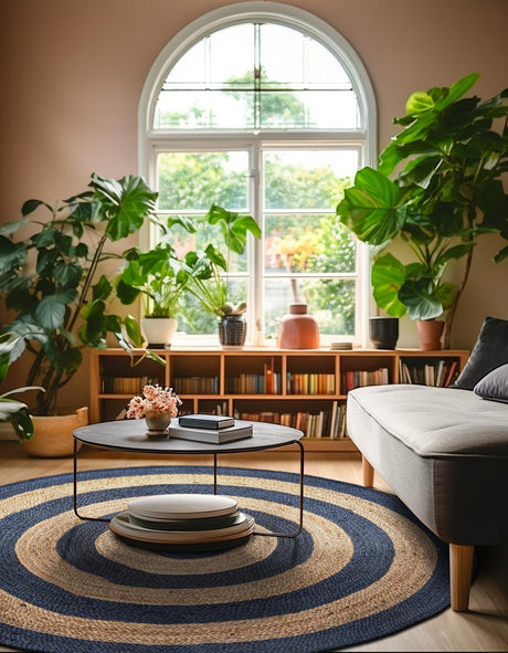 Navy Blue Natural 10' x 10' Braided Jute Round Area Rug 100% Jute Hand Braided Natural Eco-Friendly Boho Style Carpet for Living Rooms Dining Office Space Dorms for Sale at Rug Engine