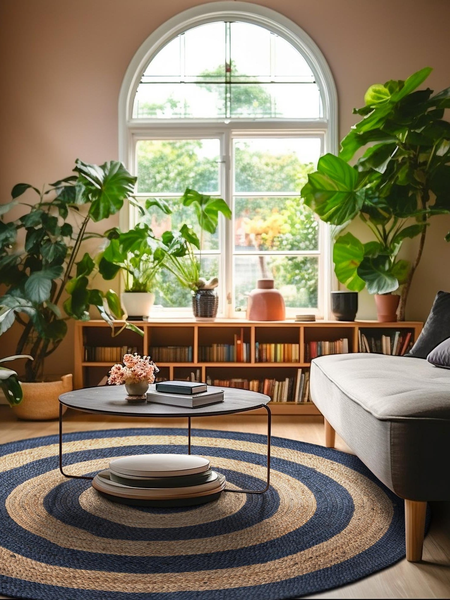 Navy Blue Natural 4' 1 x 4' 1 Braided Jute Round Area Rug 100% Jute Hand Braided Natural Eco-Friendly Boho Style Carpet for Living Rooms Dining Office Space Dorms for Sale at Rug Engine