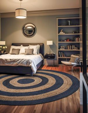 Navy Blue Natural 10' x 10' Braided Jute Round Rug