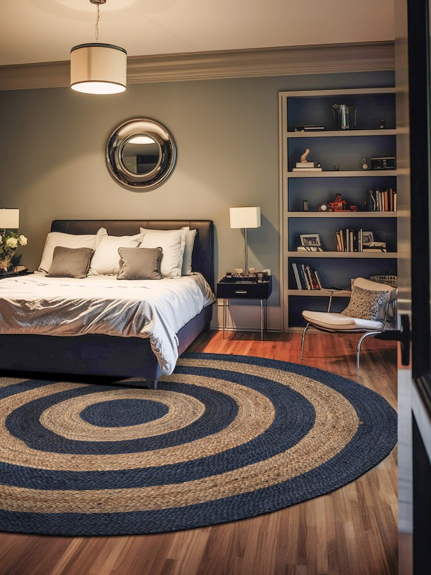 Navy Blue Natural 8' x 8' Braided Jute Round Area Rug 100% Jute Hand Braided Natural Eco-Friendly Boho Style Carpet for Living Rooms Dining Office Space Dorms for Sale at Rug Engine