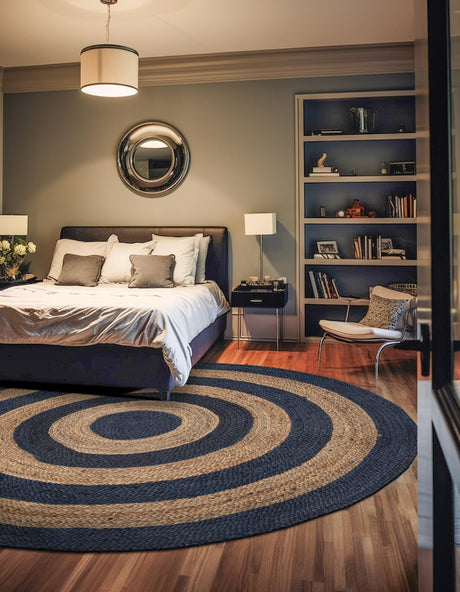 Navy Blue Natural 7' 1 x 7' 1 Braided Jute Round Area Rug 100% Jute Hand Braided Natural Eco-Friendly Boho Style Carpet for Living Rooms Dining Office Space Dorms for Sale at Rug Engine