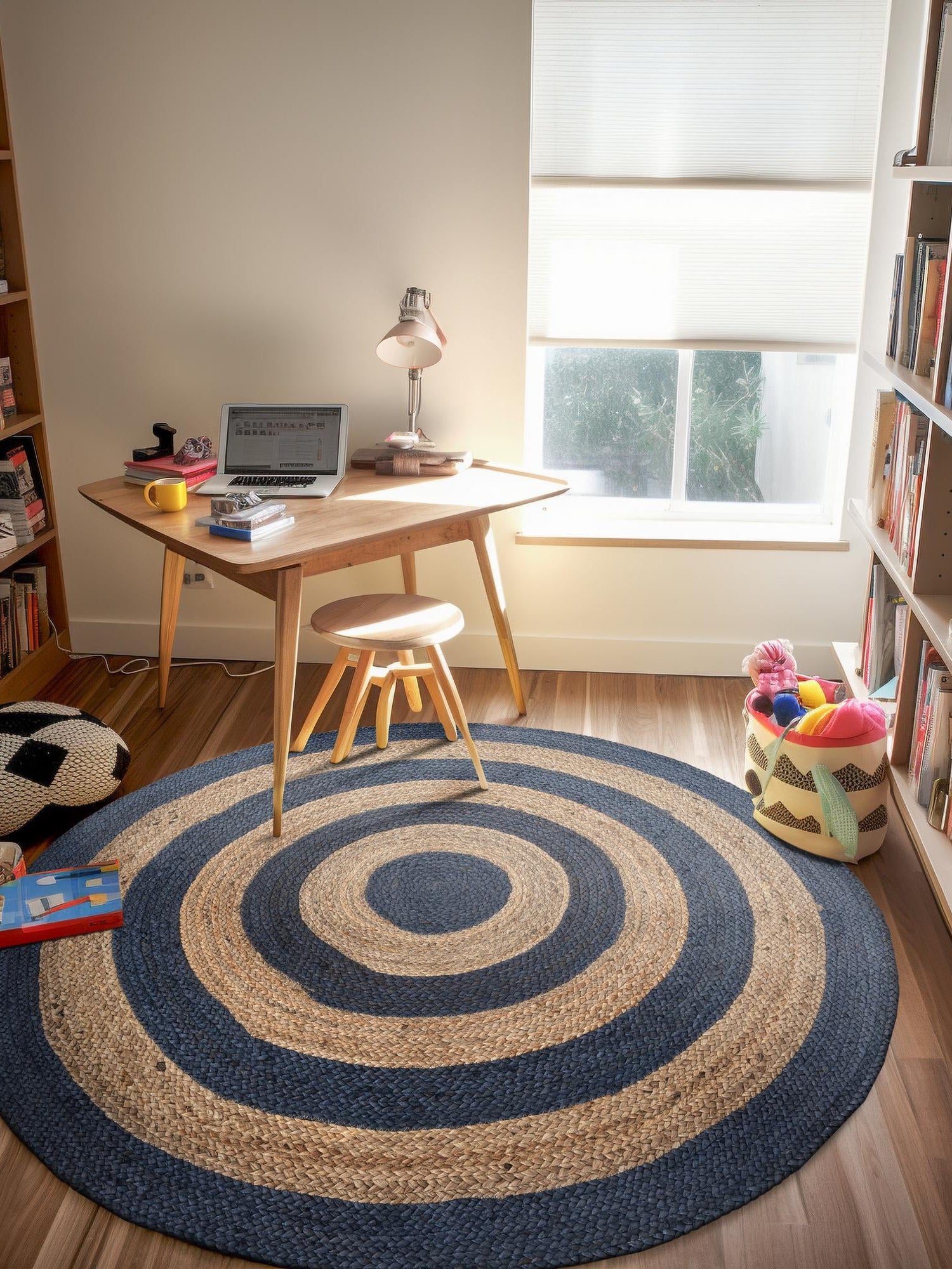 Navy Blue Natural 7' 1 x 7' 1 Braided Jute Round Area Rug 100% Jute Hand Braided Natural Eco-Friendly Boho Style Carpet for Living Rooms Dining Office Space Dorms for Sale at Rug Engine