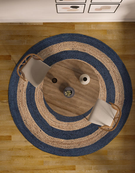 Navy Blue Natural 8' x 8' Braided Jute Round Area Rug 100% Jute Hand Braided Natural Eco-Friendly Boho Style Carpet for Living Rooms Dining Office Space Dorms for Sale at Rug Engine