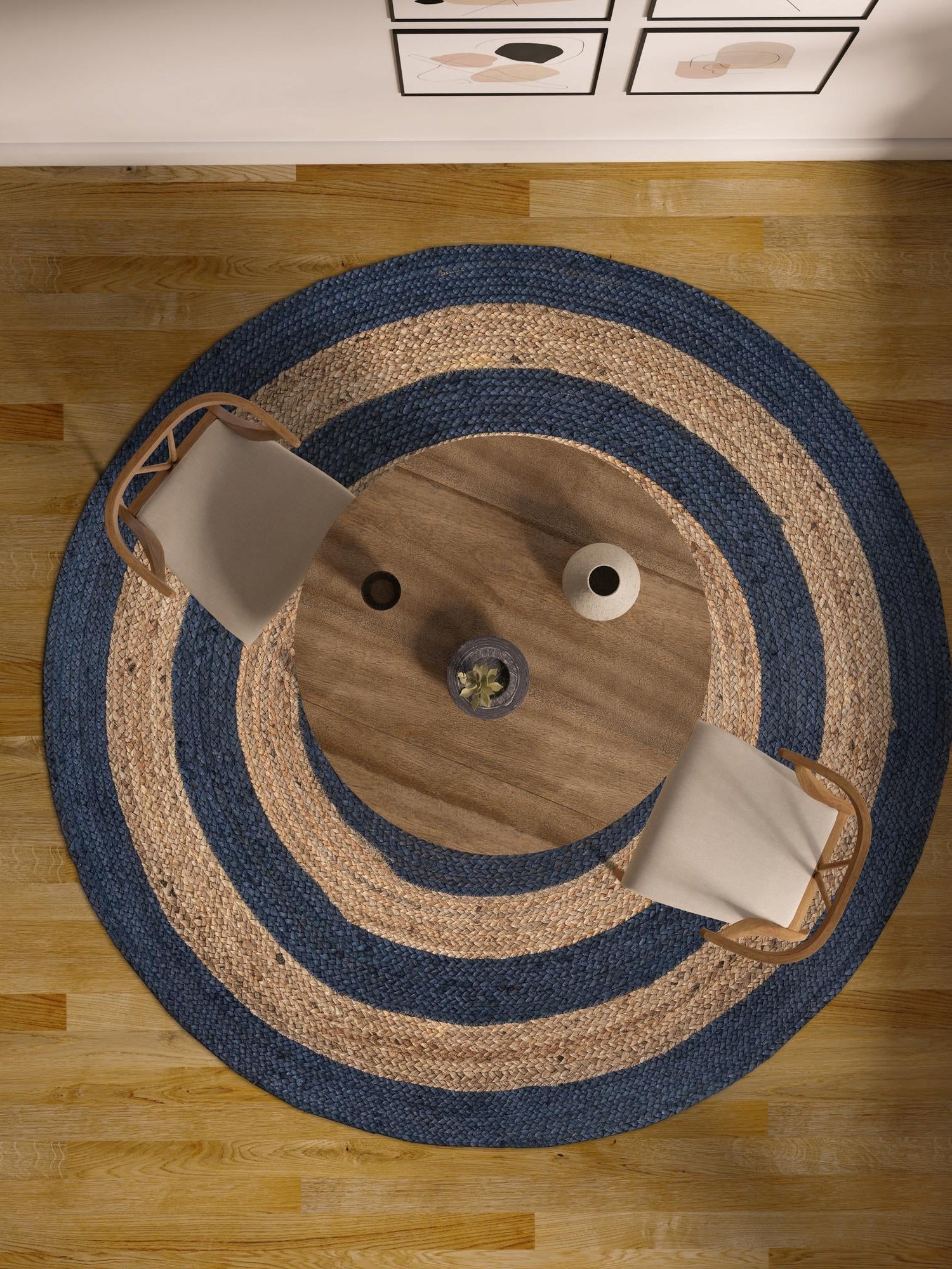 Navy Blue Natural 4' 1 x 4' 1 Braided Jute Round Area Rug 100% Jute Hand Braided Natural Eco-Friendly Boho Style Carpet for Living Rooms Dining Office Space Dorms for Sale at Rug Engine