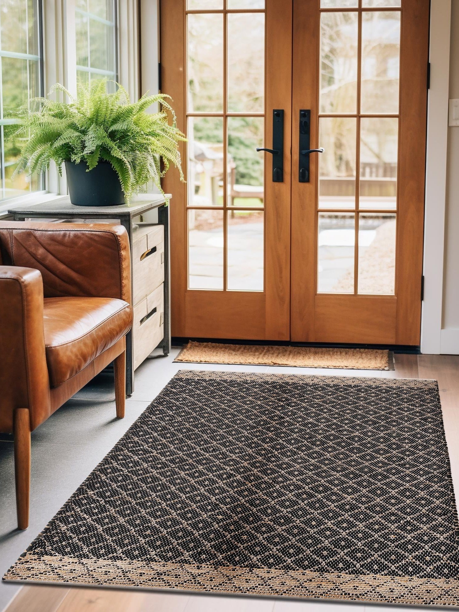 Black 6' 1 x 9' Chindi Trellis Rectangle Area Rug Natural Eco-Friendly Cotton Geometric Pattern Carpet for Living Dining Room Office Bedrooms for Sale at Rug Engine