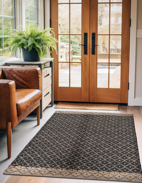 Black 6' 1 x 9' Chindi Trellis Rectangle Area Rug Natural Eco-Friendly Cotton Geometric Pattern Carpet for Living Dining Room Office Bedrooms for Sale at Rug Engine