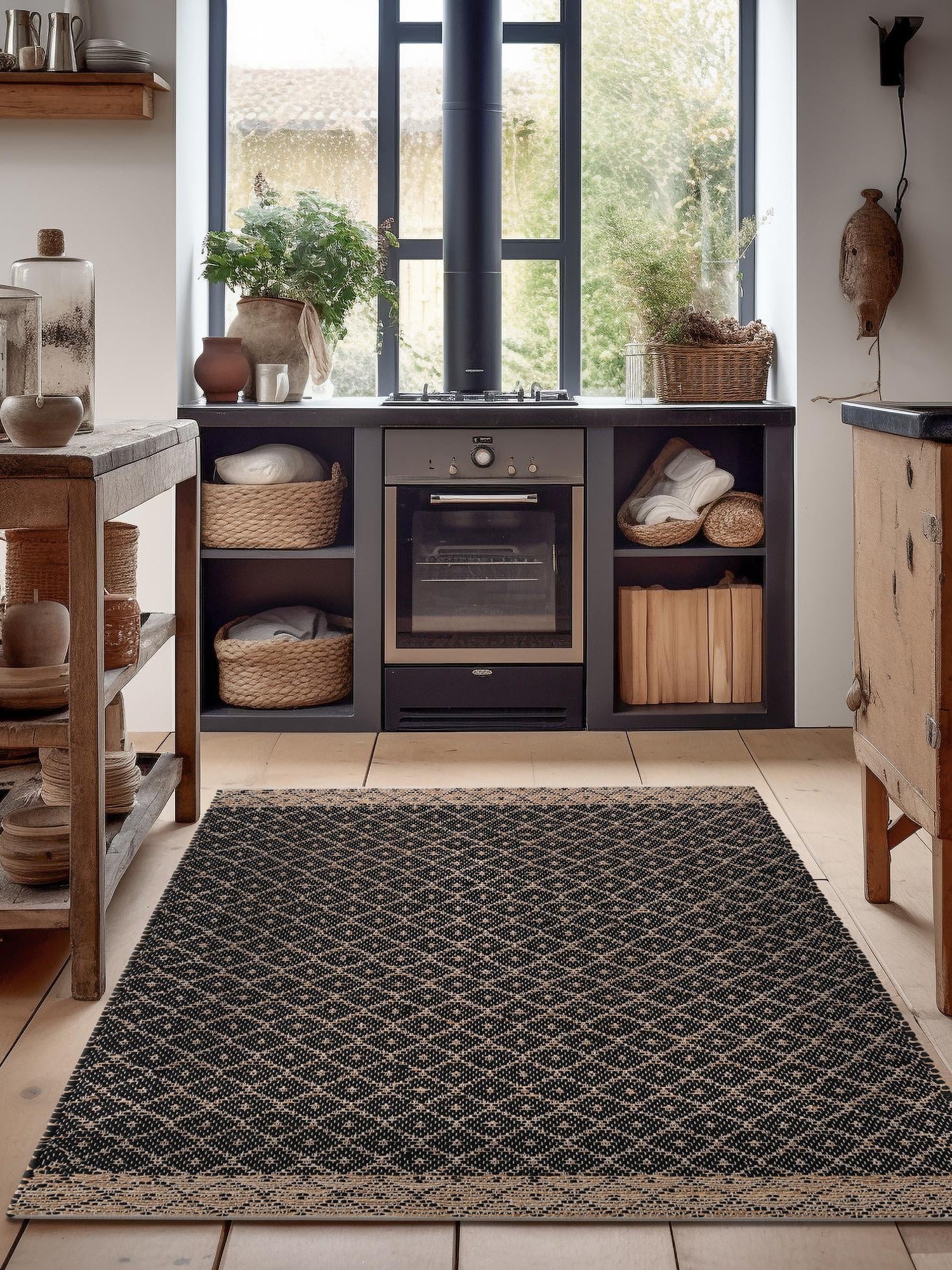 Black 6' 1 x 9' Chindi Trellis Rectangle Area Rug Natural Eco-Friendly Cotton Geometric Pattern Carpet for Living Dining Room Office Bedrooms for Sale at Rug Engine