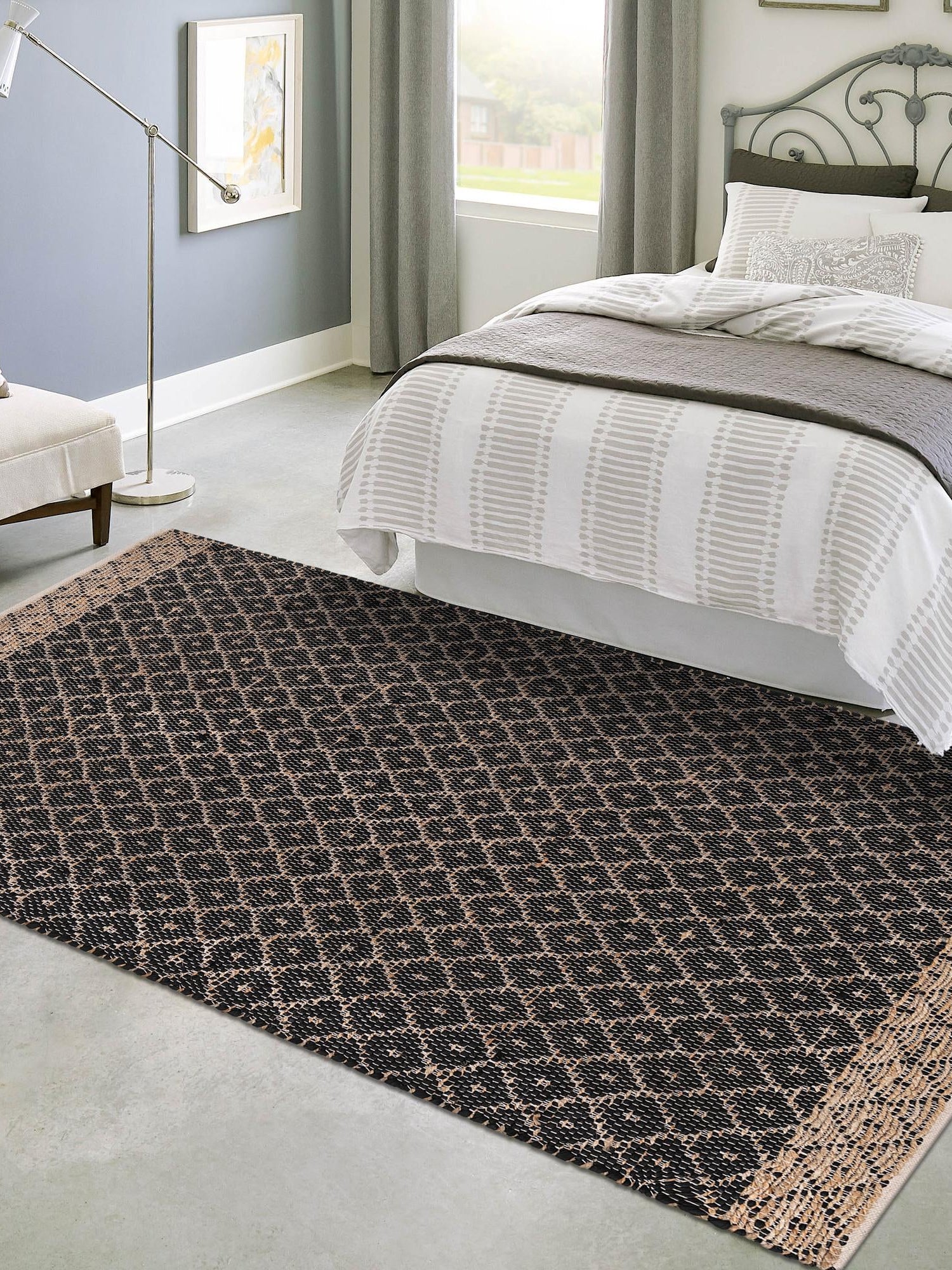 Black 6' 1 x 9' Chindi Trellis Rectangle Area Rug Natural Eco-Friendly Cotton Geometric Pattern Carpet for Living Dining Room Office Bedrooms for Sale at Rug Engine