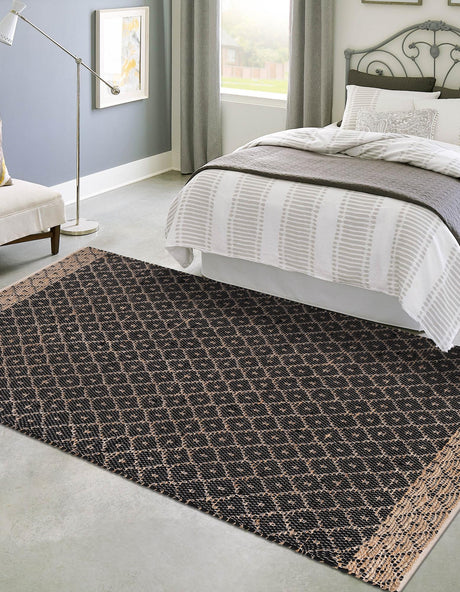 Black 6' 1 x 9' Chindi Trellis Rectangle Area Rug Natural Eco-Friendly Cotton Geometric Pattern Carpet for Living Dining Room Office Bedrooms for Sale at Rug Engine