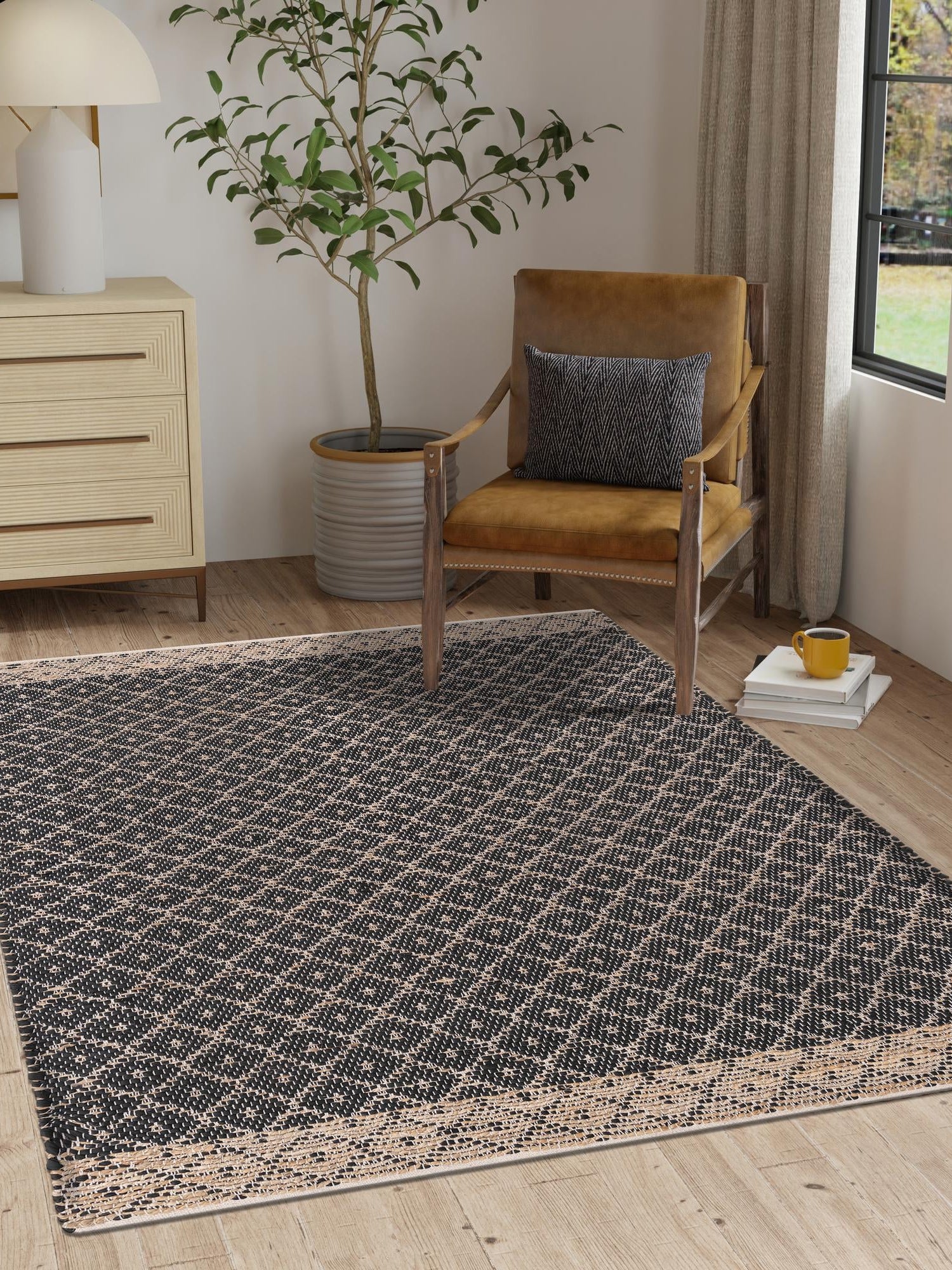 Black 6' 1 x 9' Chindi Trellis Rectangle Area Rug Natural Eco-Friendly Cotton Geometric Pattern Carpet for Living Dining Room Office Bedrooms for Sale at Rug Engine