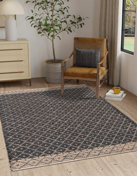 Black 6' 1 x 9' Chindi Trellis Rectangle Area Rug Natural Eco-Friendly Cotton Geometric Pattern Carpet for Living Dining Room Office Bedrooms for Sale at Rug Engine
