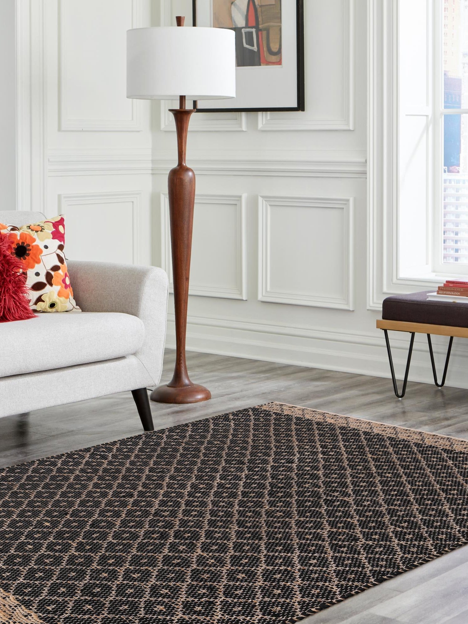Black 6' 1 x 9' Chindi Trellis Rectangle Area Rug Natural Eco-Friendly Cotton Geometric Pattern Carpet for Living Dining Room Office Bedrooms for Sale at Rug Engine