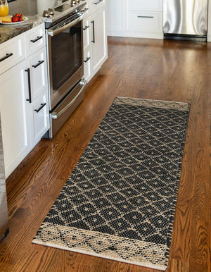 Black 2' 2 x 8' Chindi Trellis Runner Area Rug Natural Eco-Friendly Cotton Geometric Pattern Carpet for Living Dining Room Office Bedrooms for Sale at Rug Engine