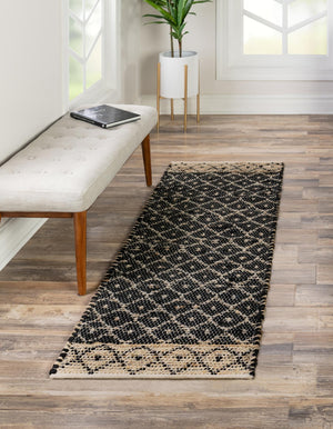 Black 2' 2 x 8' Chindi Trellis Runner Area Rug Natural Eco-Friendly Cotton Geometric Pattern Carpet for Living Dining Room Office Bedrooms for Sale at Rug Engine