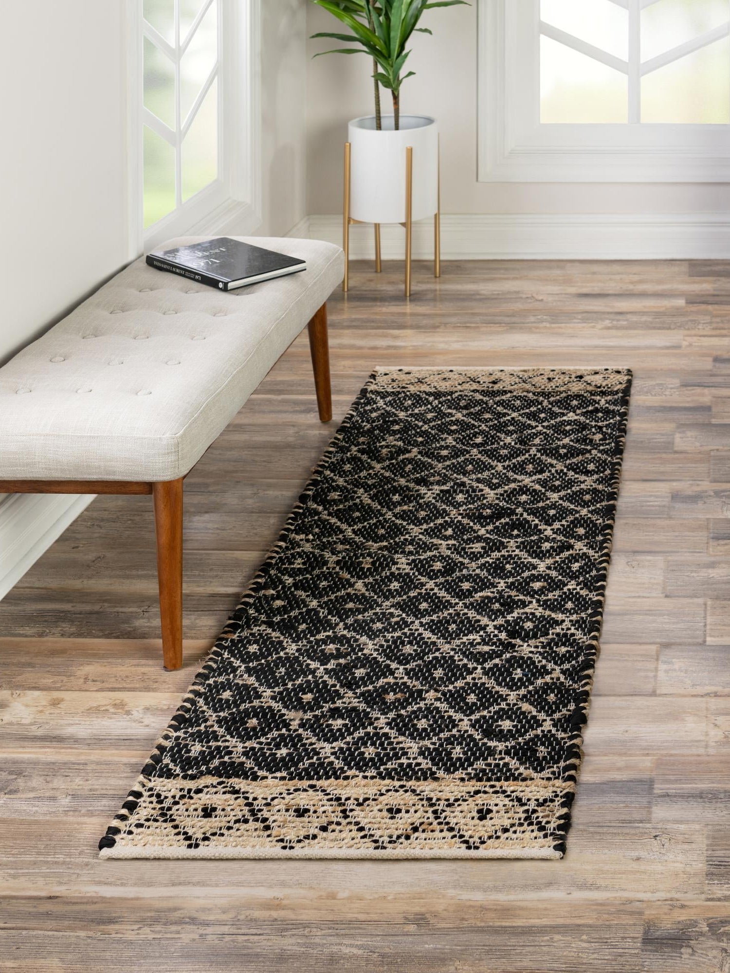 Black 2' 2 x 6' 1 Chindi Trellis Runner Area Rug Natural Eco-Friendly Cotton Geometric Pattern Carpet for Living Dining Room Office Bedrooms for Sale at Rug Engine