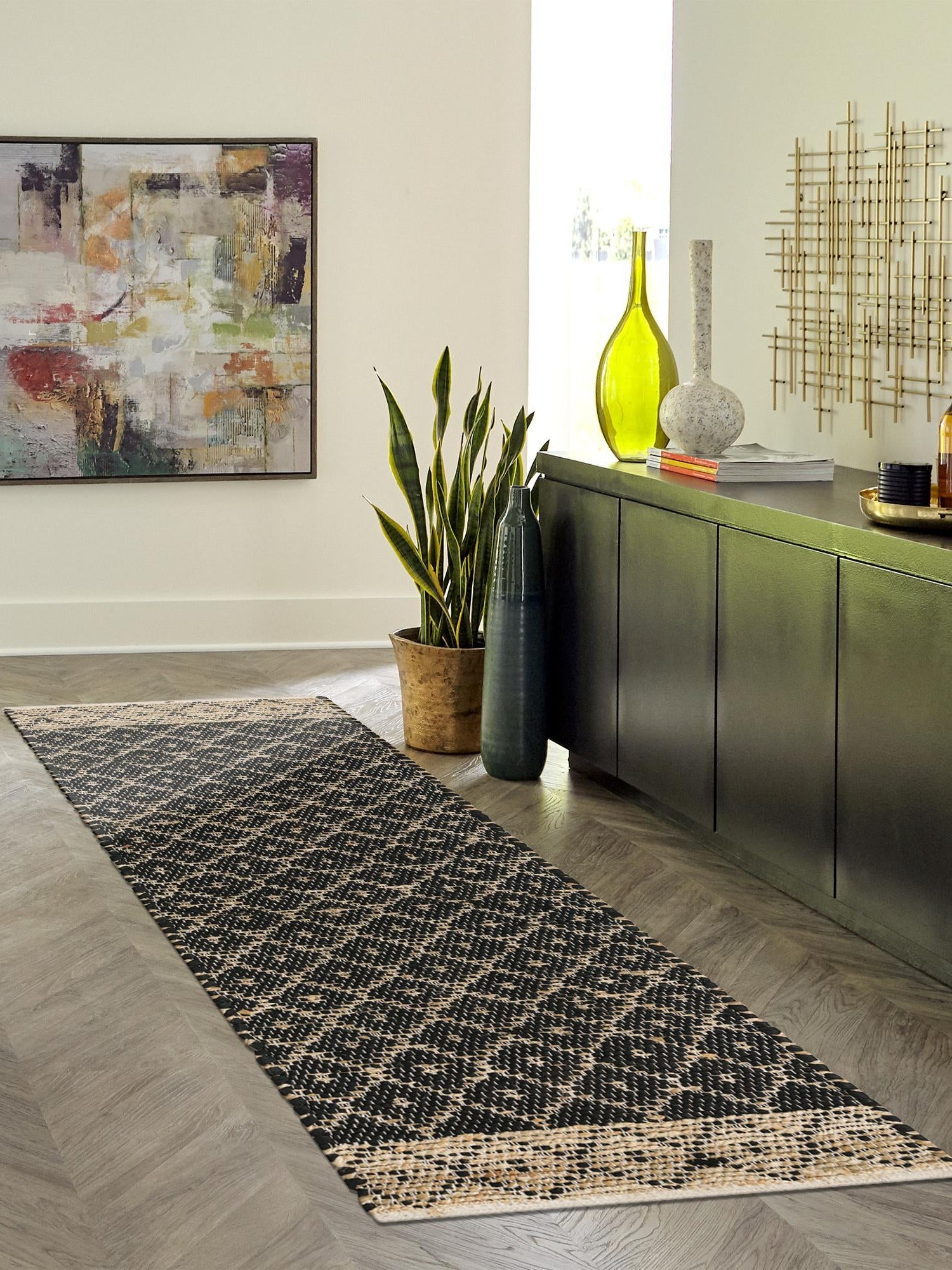 Black 2' 2 x 6' 1 Chindi Trellis Runner Area Rug Natural Eco-Friendly Cotton Geometric Pattern Carpet for Living Dining Room Office Bedrooms for Sale at Rug Engine