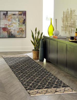 Black 2' 2 x 8' Chindi Trellis Runner Area Rug Natural Eco-Friendly Cotton Geometric Pattern Carpet for Living Dining Room Office Bedrooms for Sale at Rug Engine