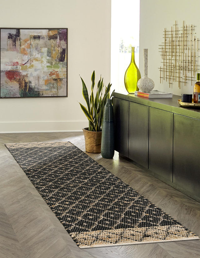 Black 2' 2 x 8' Chindi Trellis Runner Area Rug Natural Eco-Friendly Cotton Geometric Pattern Carpet for Living Dining Room Office Bedrooms for Sale at Rug Engine