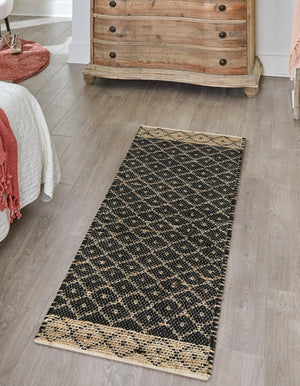 Black 2' 2 x 8' Chindi Trellis Runner Area Rug Natural Eco-Friendly Cotton Geometric Pattern Carpet for Living Dining Room Office Bedrooms for Sale at Rug Engine