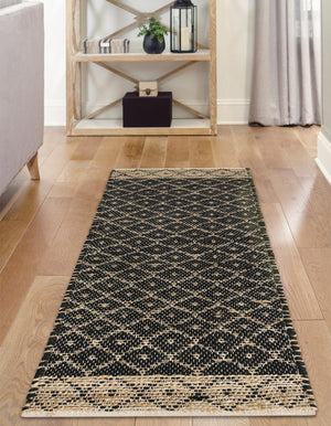 Black 2' 7 x 10' Chindi Trellis Runner Area Rug Natural Eco-Friendly Cotton Geometric Pattern Carpet for Living Dining Room Office Bedrooms for Sale at Rug Engine