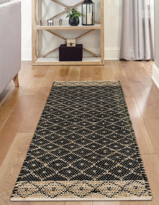 Black 2' 2 x 6' 1 Chindi Trellis Runner Area Rug Natural Eco-Friendly Cotton Geometric Pattern Carpet for Living Dining Room Office Bedrooms for Sale at Rug Engine