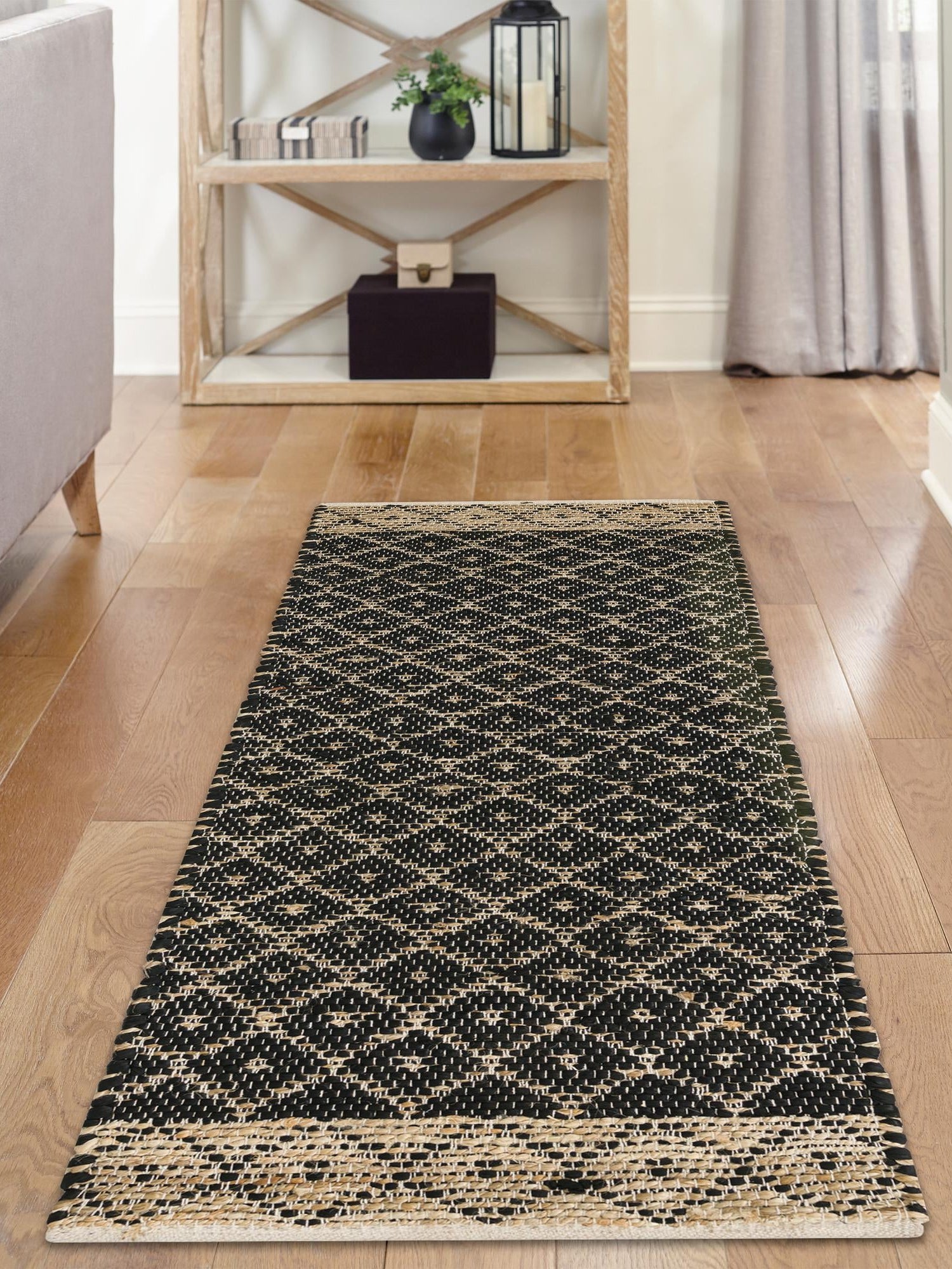 Black 2' 2 x 8' Chindi Trellis Runner Area Rug Natural Eco-Friendly Cotton Geometric Pattern Carpet for Living Dining Room Office Bedrooms for Sale at Rug Engine