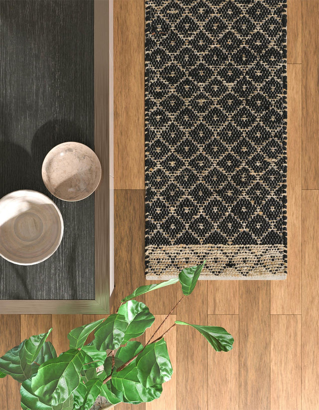 Black 2' 7 x 10' Chindi Trellis Runner Area Rug Natural Eco-Friendly Cotton Geometric Pattern Carpet for Living Dining Room Office Bedrooms for Sale at Rug Engine