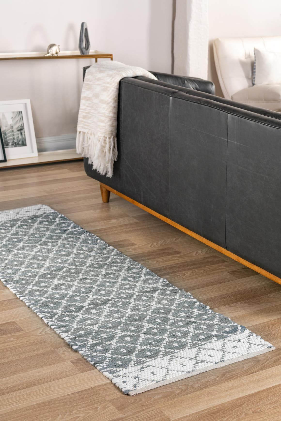Gray 2' 2 x 8' Chindi Trellis Runner Area Rug Natural Eco-Friendly Cotton Geometric Pattern Carpet for Living Dining Room Office Bedrooms for Sale at Rug Engine