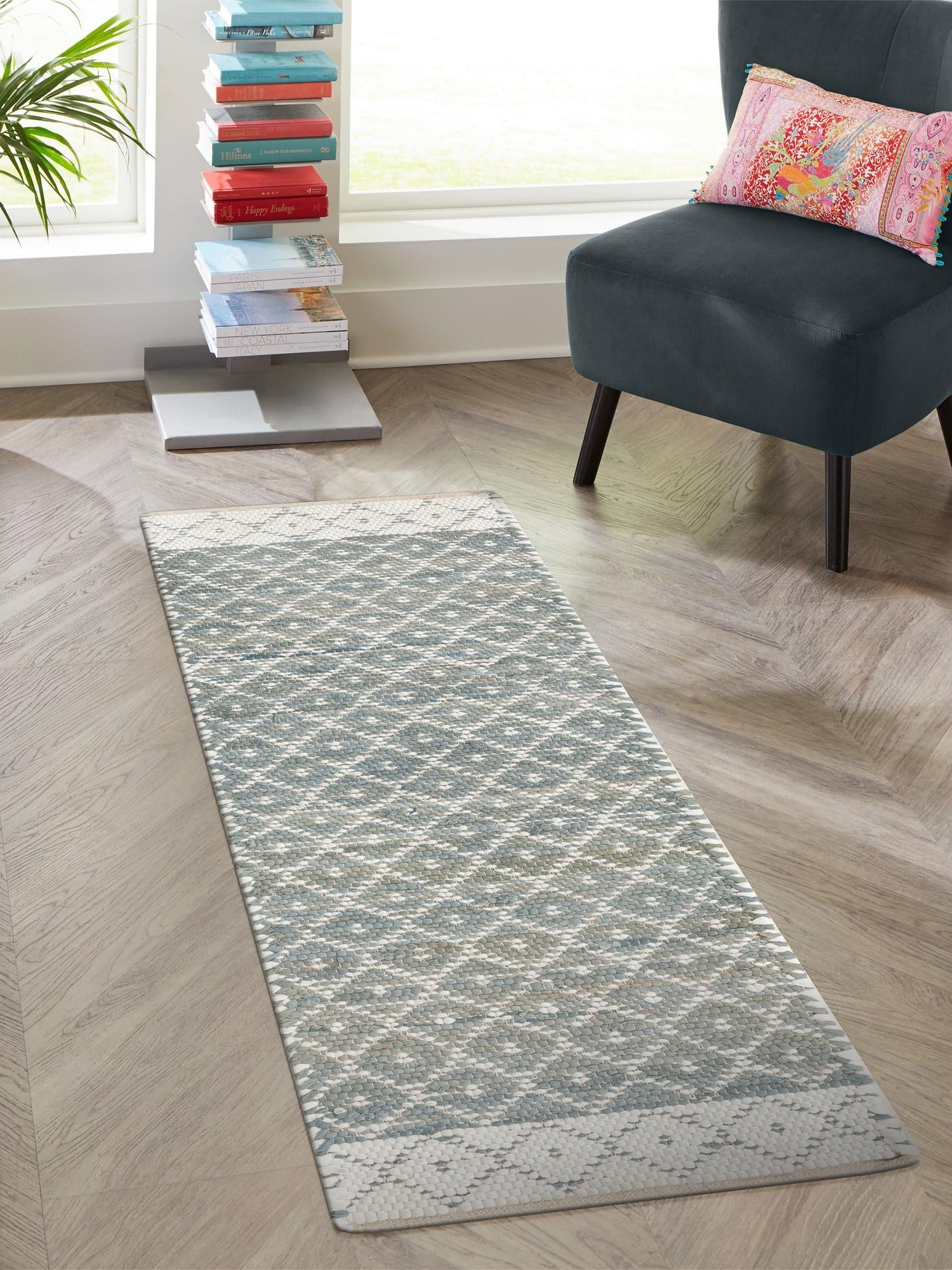 Gray 2' 2 x 8' Chindi Trellis Runner Area Rug Natural Eco-Friendly Cotton Geometric Pattern Carpet for Living Dining Room Office Bedrooms for Sale at Rug Engine